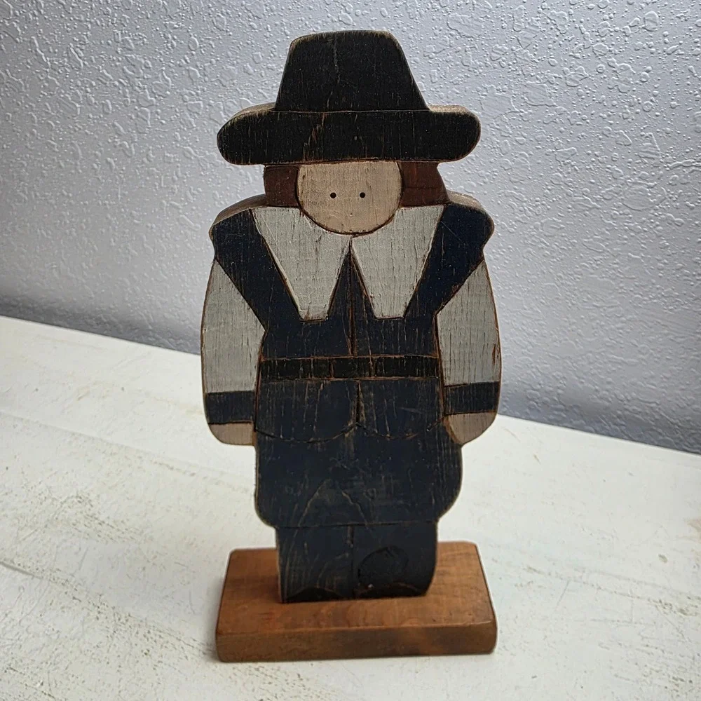 Vintage‎ Primitive Wooden Thanksgiving Pilgrim Turkey Wheat Set 4pc Farmhouse